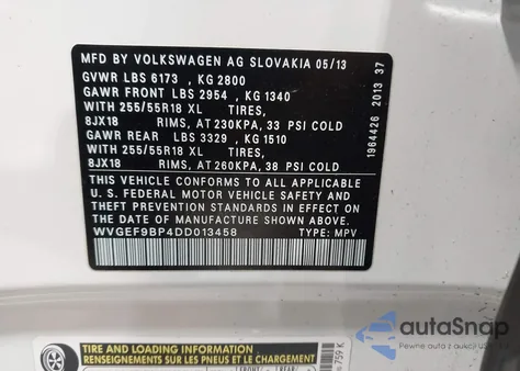 2013 Volkswagen Touareg Vr6 Sport from USA, damaged, VIN WVGEF9BP4DD013458